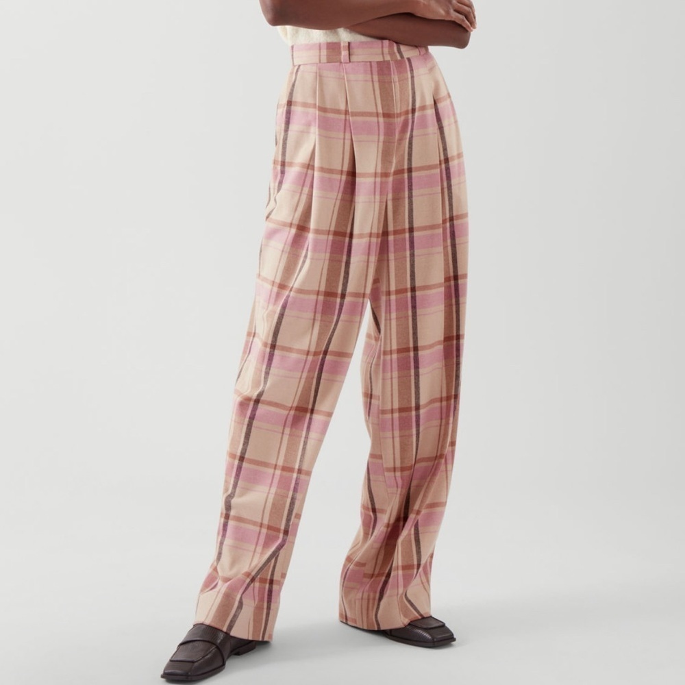COS Pink & Cream Plaid Wool Blend High Waisted Wide Leg Preppy Trousers Size 2